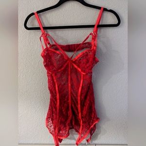 Vintage Rare Red Lace Chemise Bodysuit Lingerie Garter Cosplay Bdsm